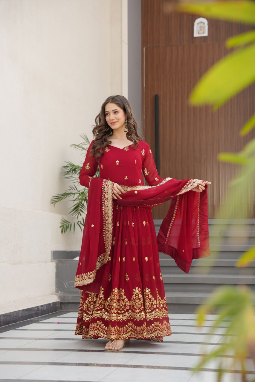 Red Designer Anarkali Gown With Dupatta Set