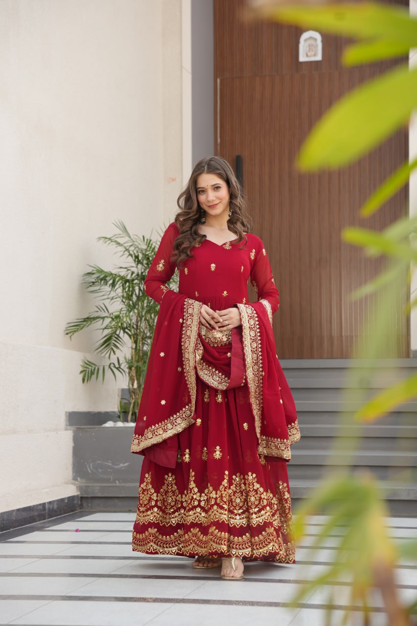 Red Designer Anarkali Gown With Dupatta Set