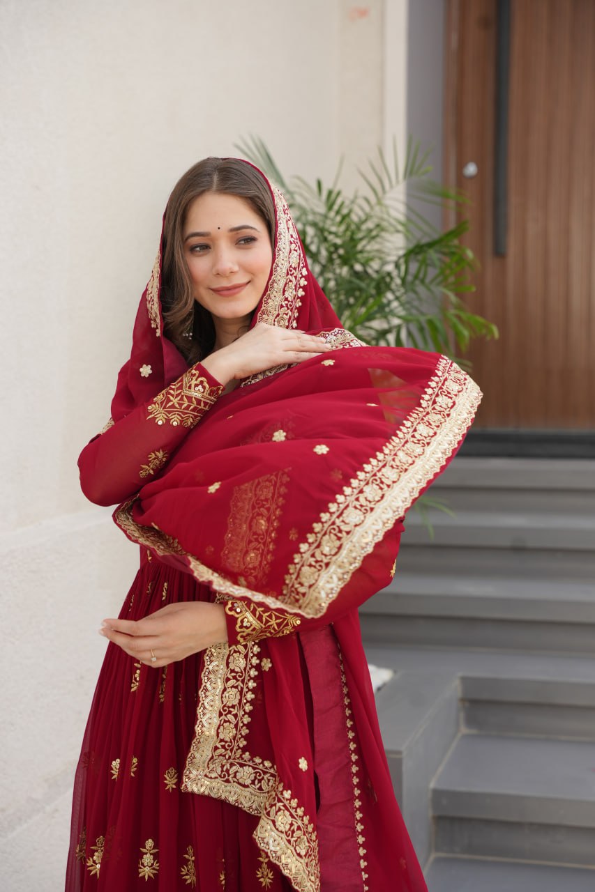 Red Designer Anarkali Gown With Dupatta Set