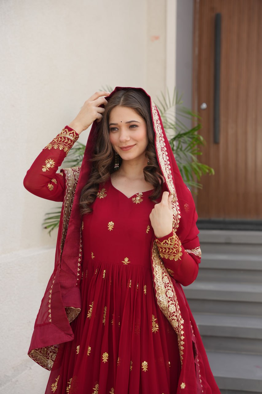 Red Designer Anarkali Gown With Dupatta Set