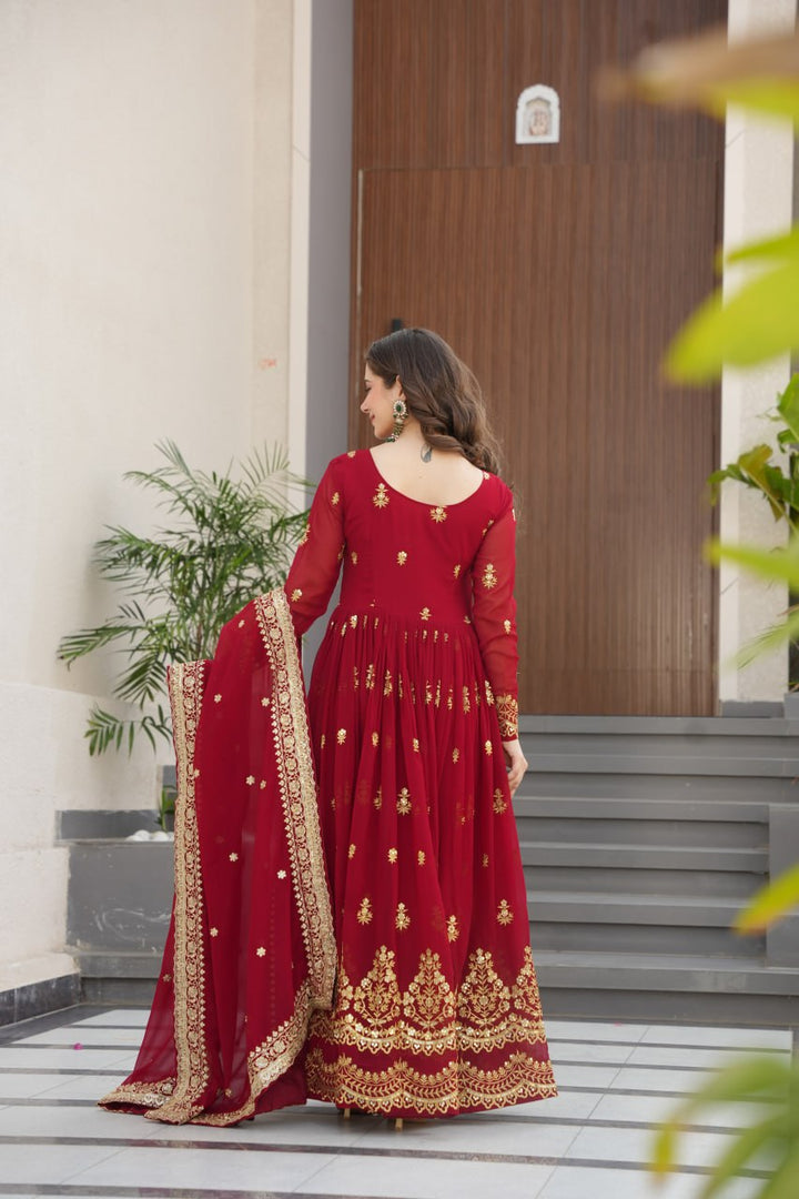 Red Designer Anarkali Gown With Dupatta Set