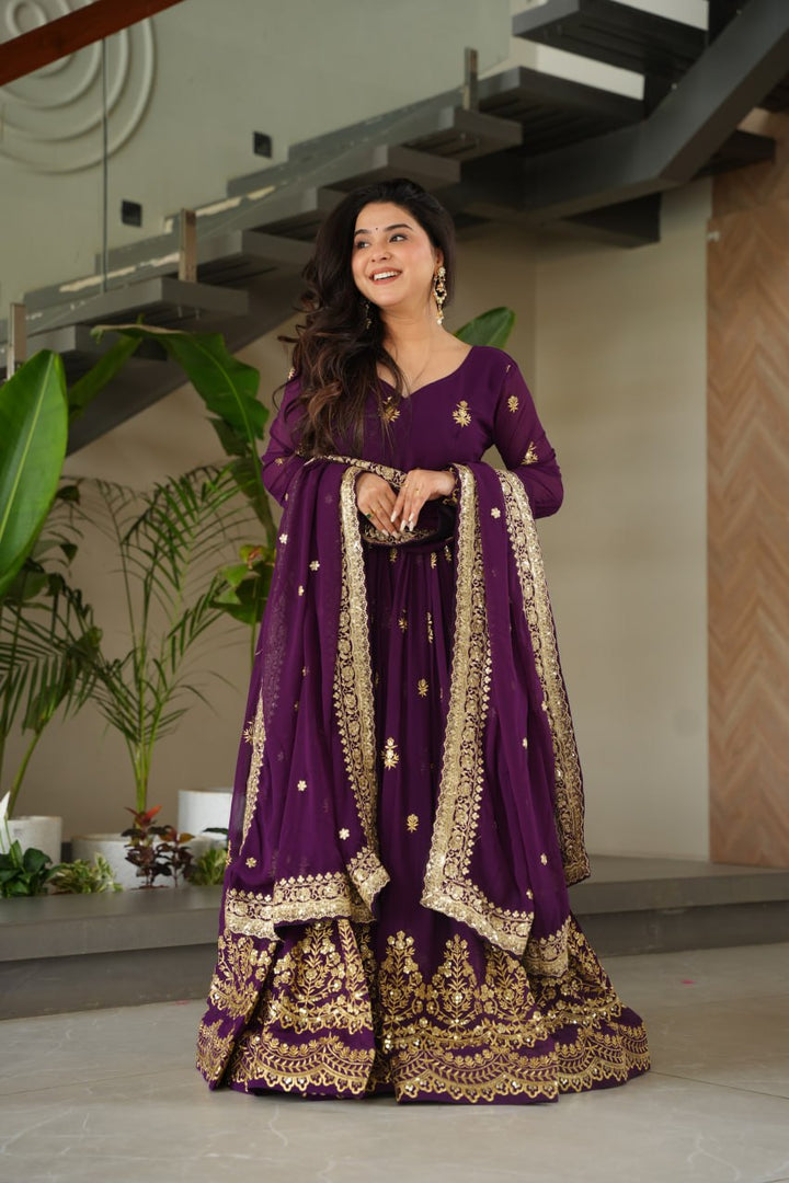 Purple Designer Anarkali Gown With Dupatta Set