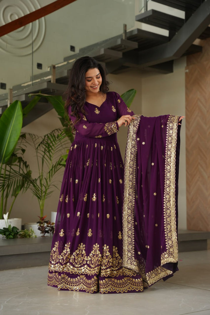 Purple Designer Anarkali Gown With Dupatta Set