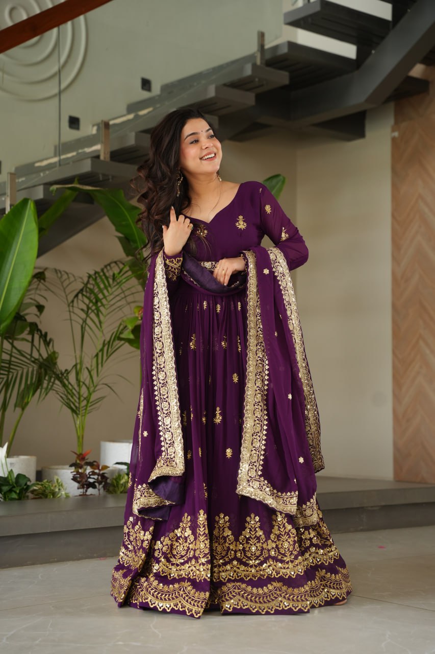 Purple Designer Anarkali Gown With Dupatta Set