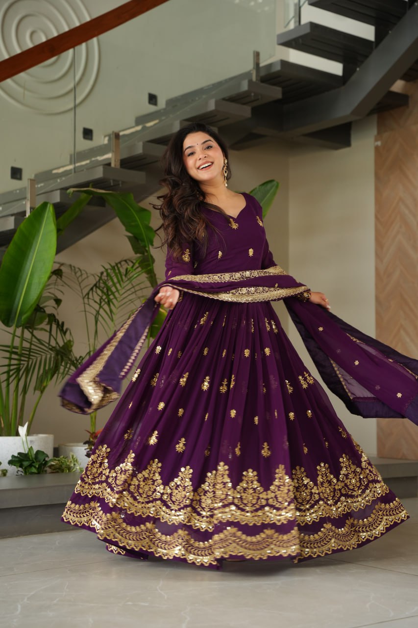 Purple Designer Anarkali Gown With Dupatta Set