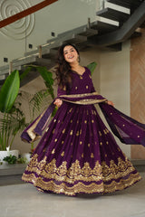 Purple Designer Anarkali Gown With Dupatta Set