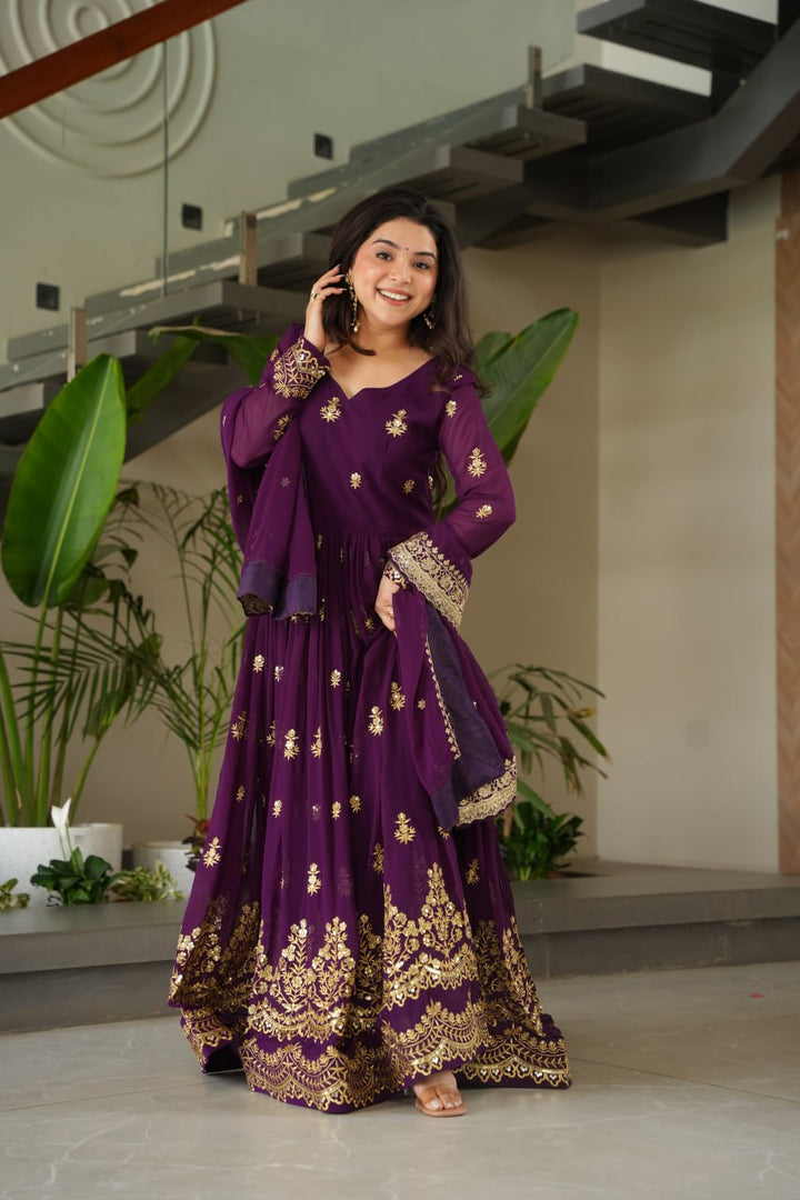 Purple Designer Anarkali Gown With Dupatta Set