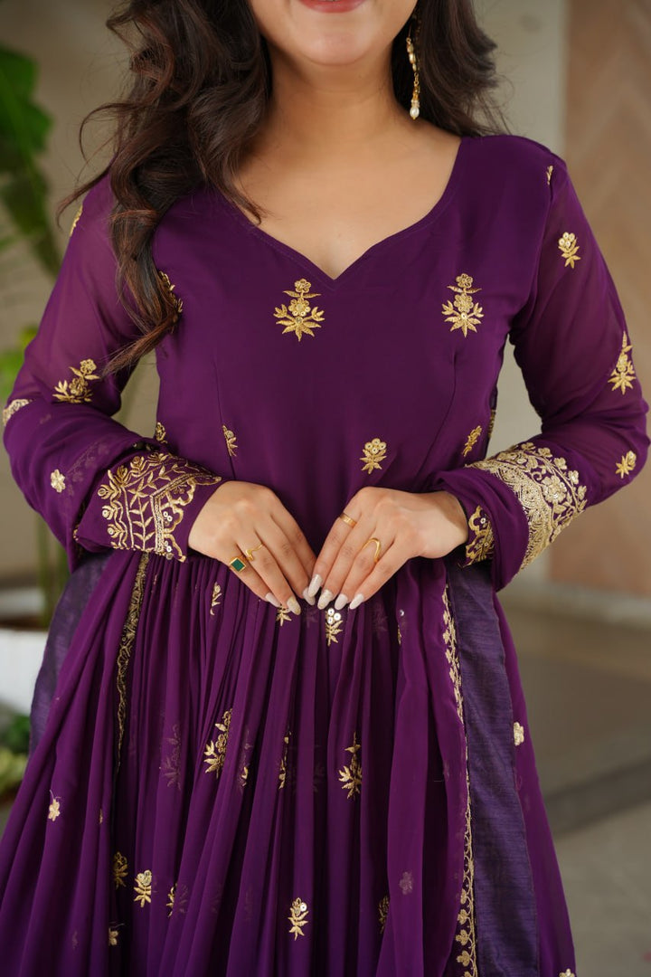 Purple Designer Anarkali Gown With Dupatta Set