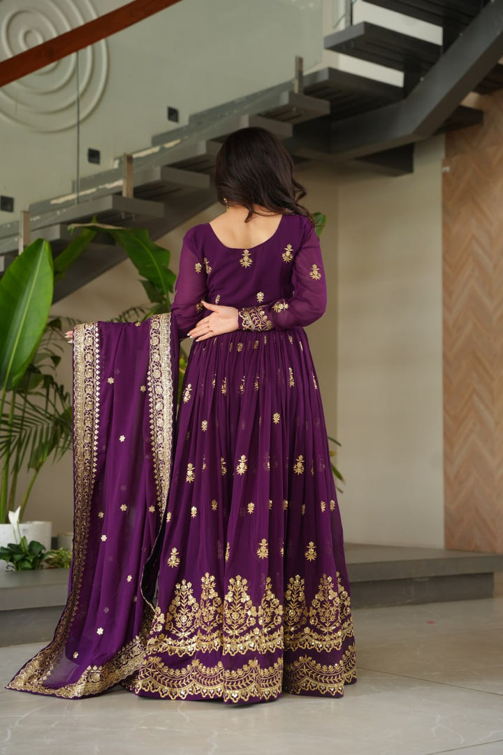 Purple Designer Anarkali Gown With Dupatta Set