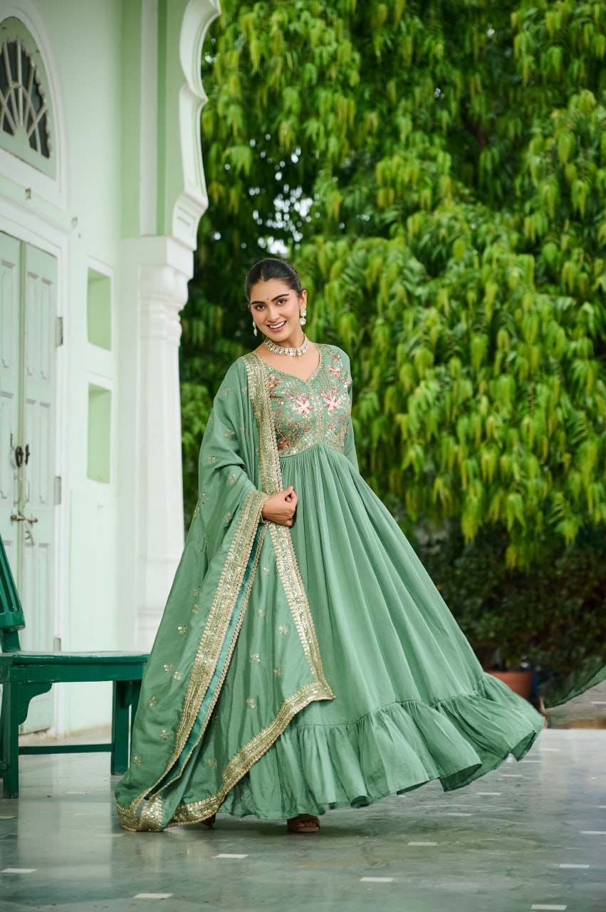 Classic Designer Pista-green anarkali Gown Vika Fab Classic Designer Pista-green anarkali Gown Vika Fab