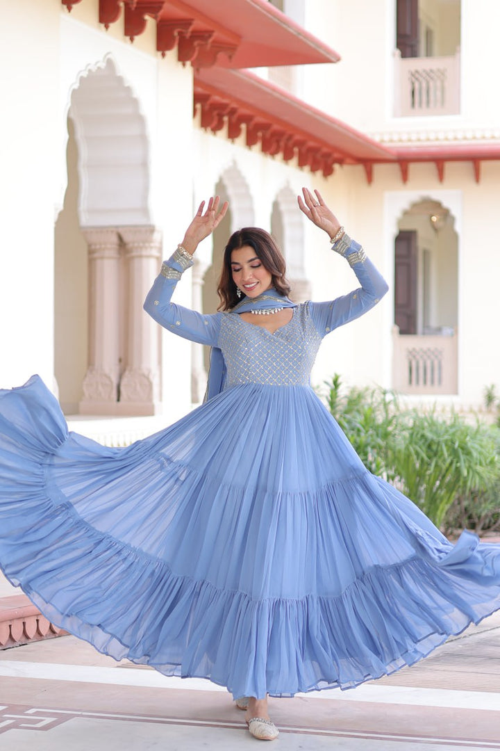 Faux Georgette gown with With Sequins Zari Embroidered Cut Work Dupatta Set