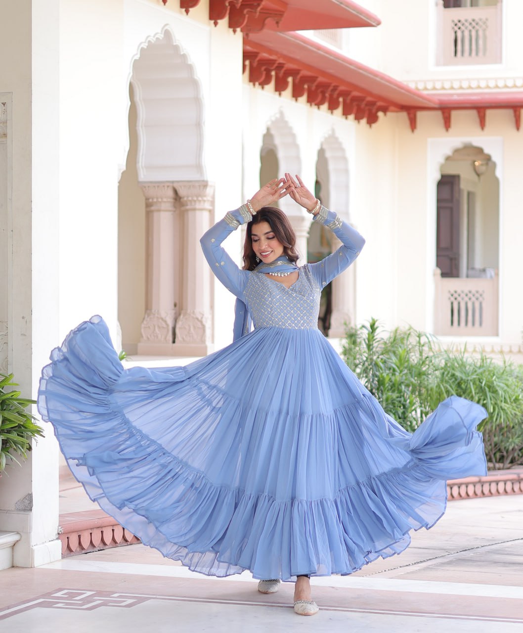 Faux Georgette gown with With Sequins Zari Embroidered Cut Work Dupatta Set