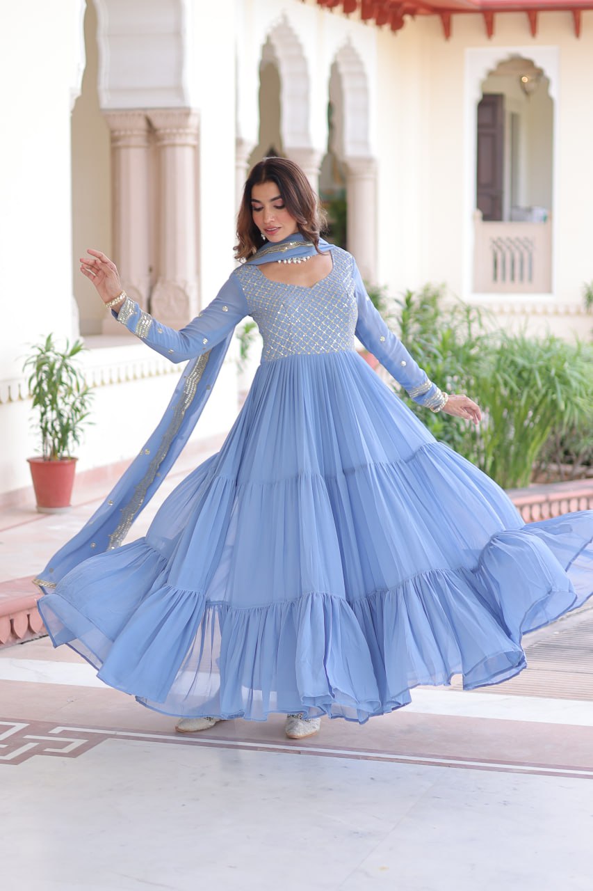 Faux Georgette gown with With Sequins Zari Embroidered Cut Work Dupatta Set