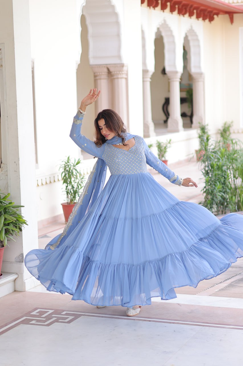 Faux Georgette gown with With Sequins Zari Embroidered Cut Work Dupatta Set