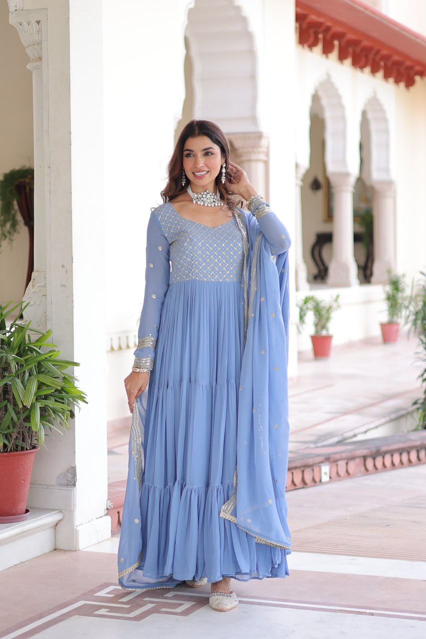 Faux Georgette gown with With Sequins Zari Embroidered Cut Work Dupatta Set