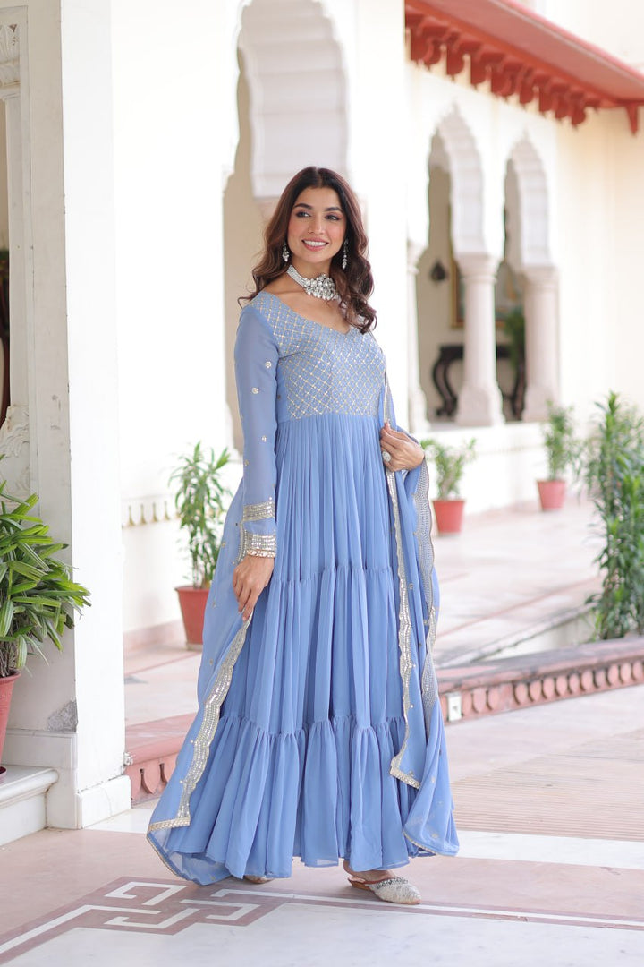 Faux Georgette gown with With Sequins Zari Embroidered Cut Work Dupatta Set