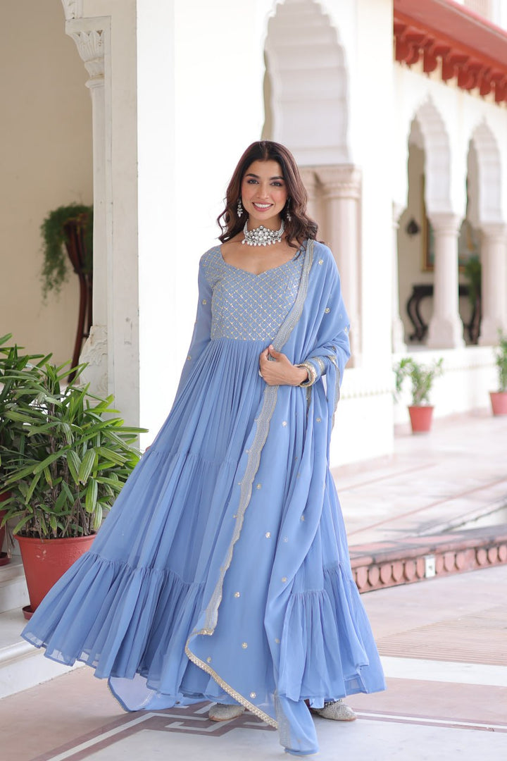 Faux Georgette gown with With Sequins Zari Embroidered Cut Work Dupatta Set
