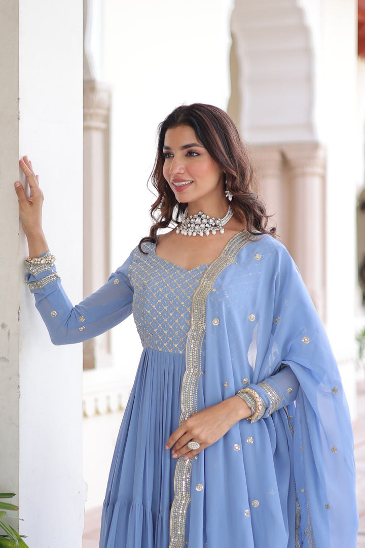Faux Georgette gown with With Sequins Zari Embroidered Cut Work Dupatta Set
