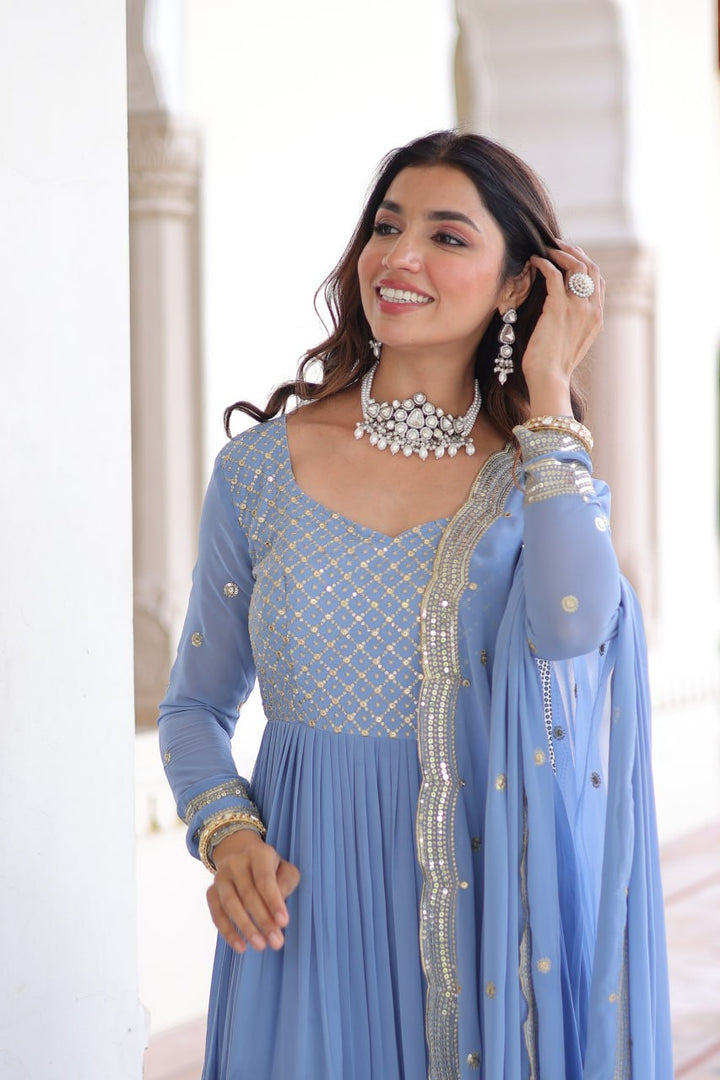 Faux Georgette gown with With Sequins Zari Embroidered Cut Work Dupatta Set