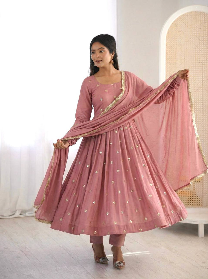 Roman Silk With Embroidery Work Gown Set