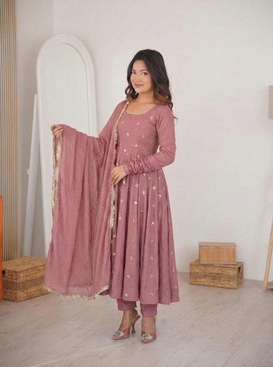 Roman Silk With Embroidery Work Gown Set