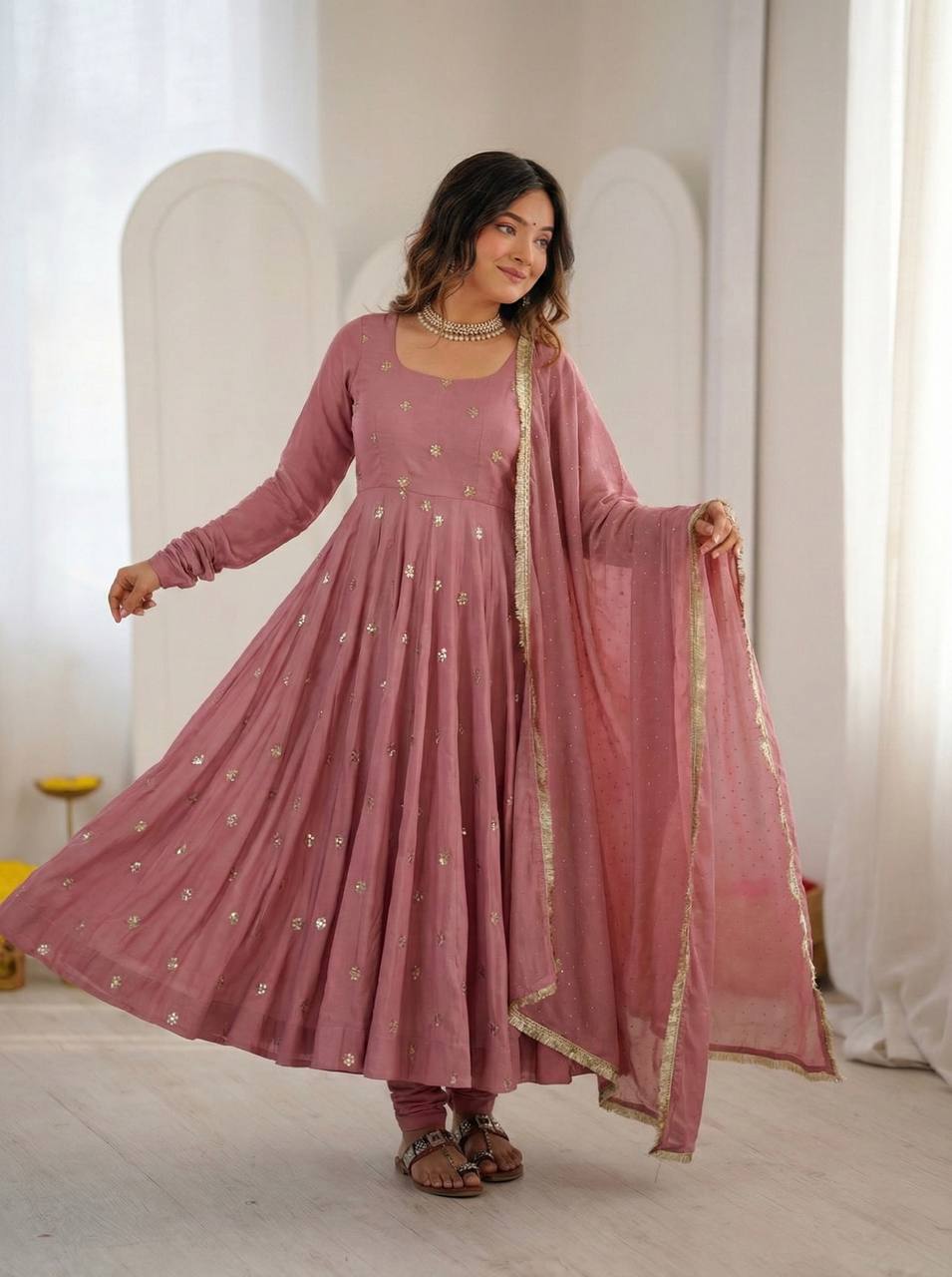 Roman Silk With Embroidery Work Gown Set