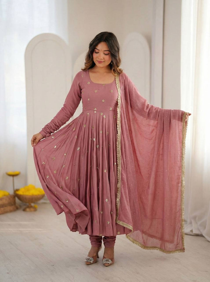 Roman Silk With Embroidery Work Gown Set