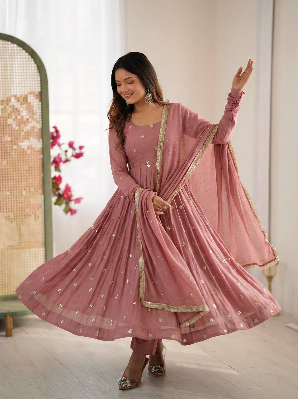 Roman Silk With Embroidery Work Gown Set