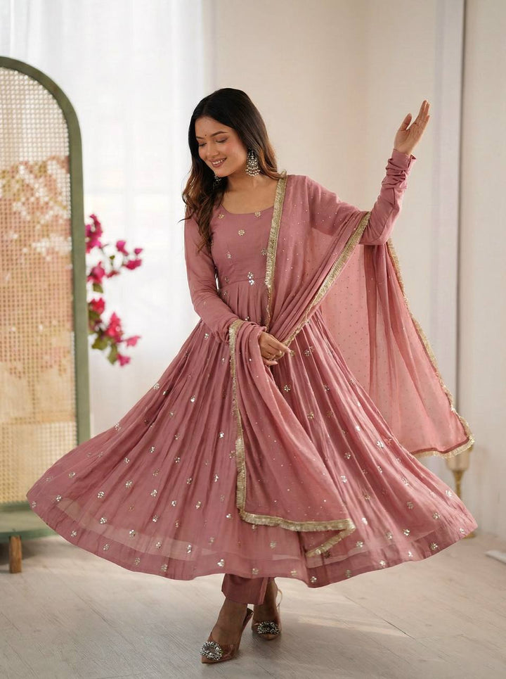 Roman Silk With Embroidery Work Gown Set