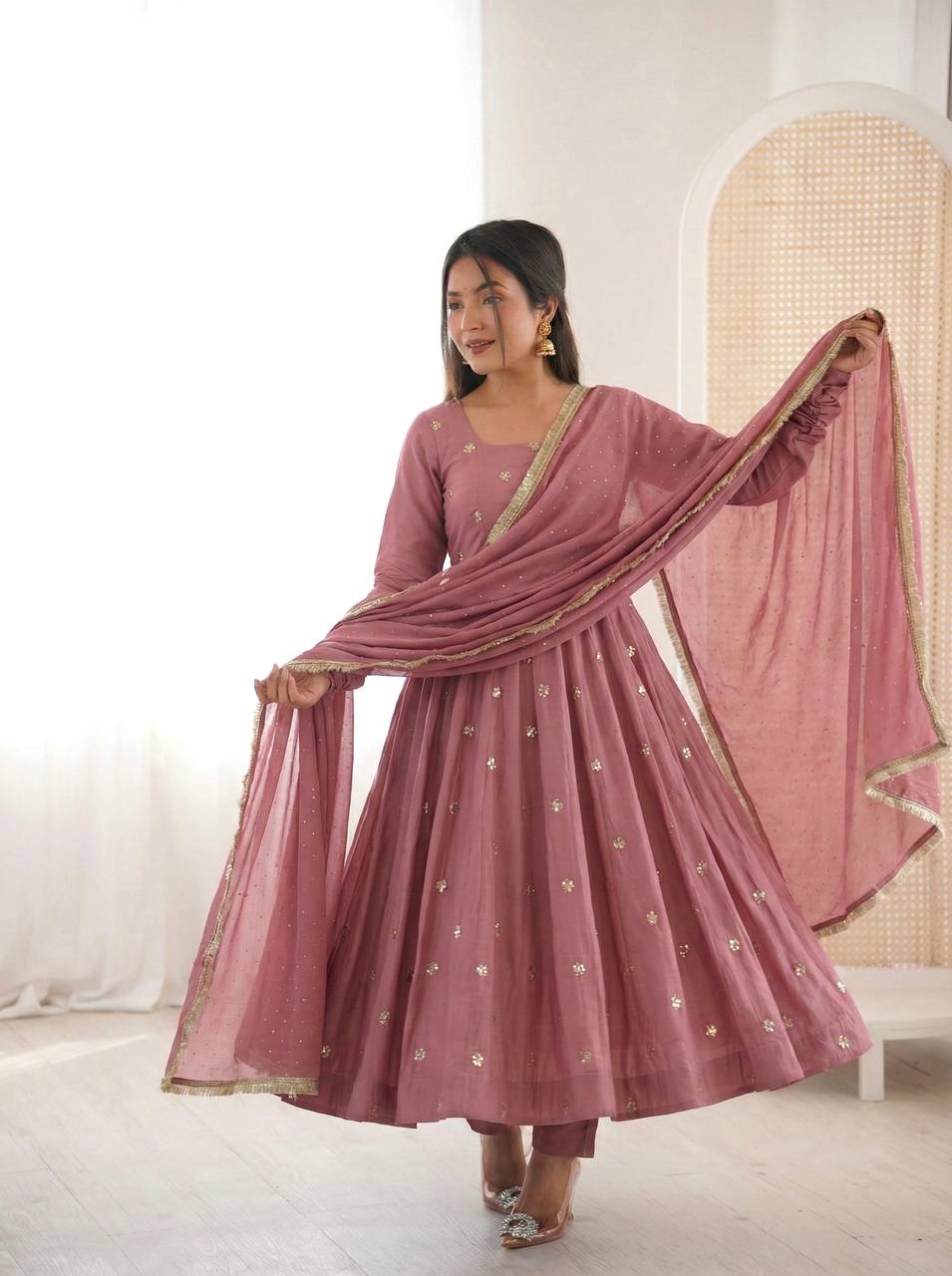 Roman Silk With Embroidery Work Gown Set