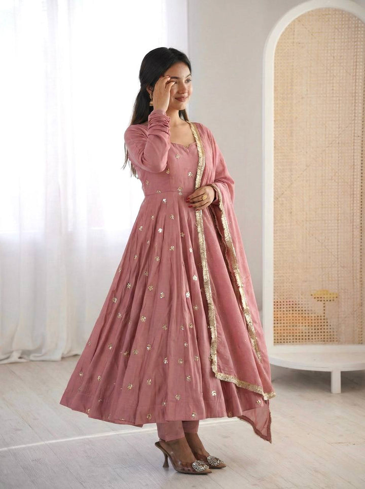 Roman Silk With Embroidery Work Gown Set