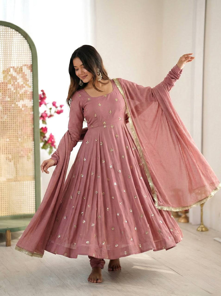 Roman Silk With Embroidery Work Gown Set