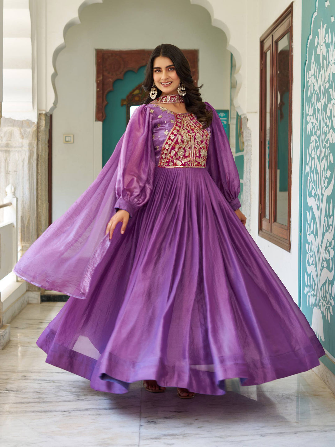 New Wedding Long Purple Gown & Dupatta Set