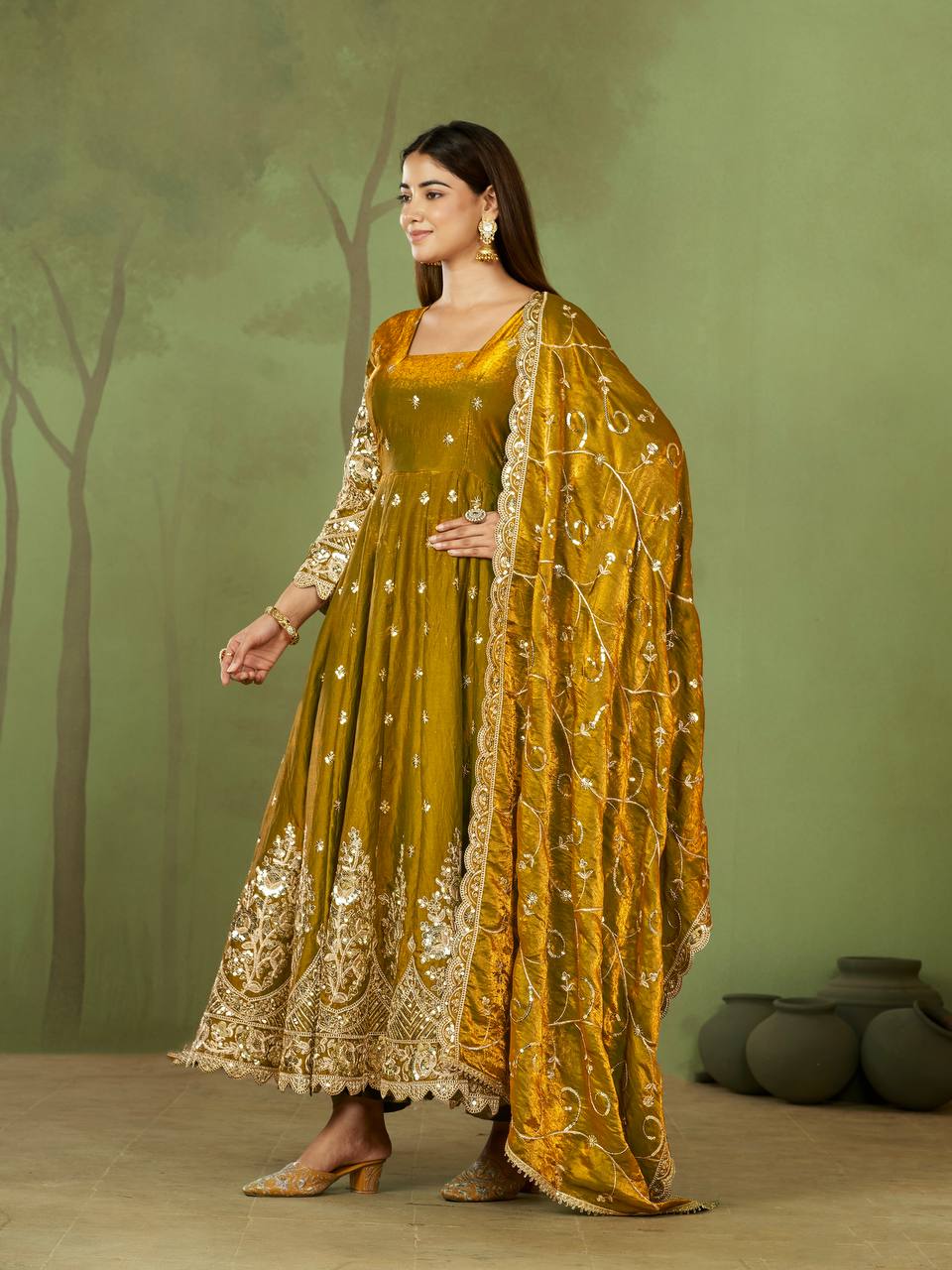New Designers Jelly Simmer Silk Mustard Anarkali Gown