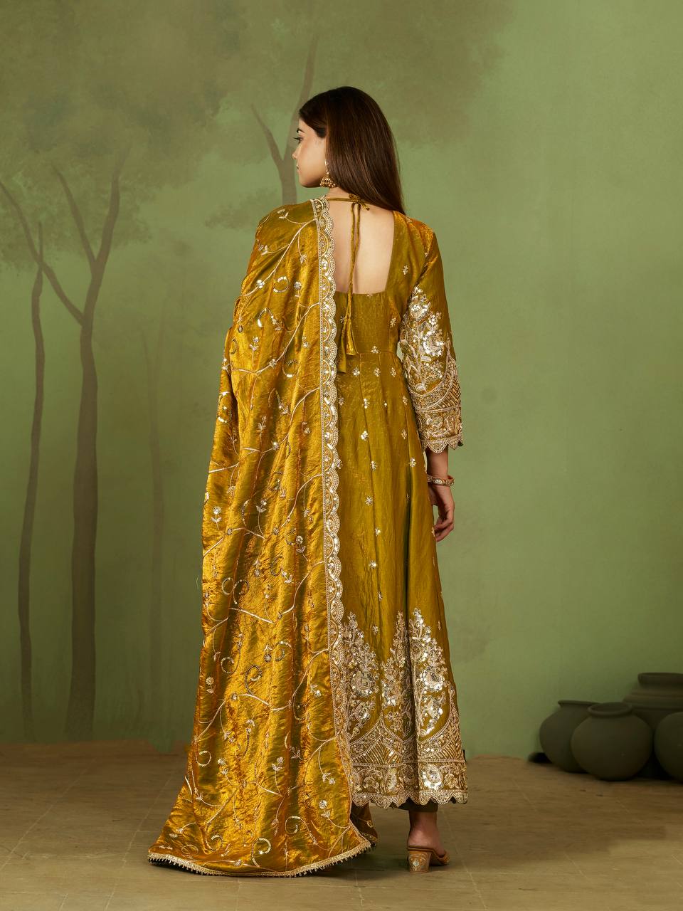 New Designers Jelly Simmer Silk Mustard Anarkali Gown