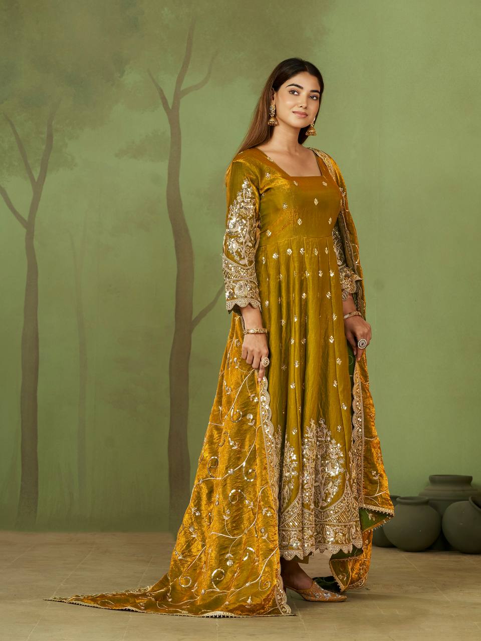 New Designers Jelly Simmer Silk Mustard Anarkali Gown