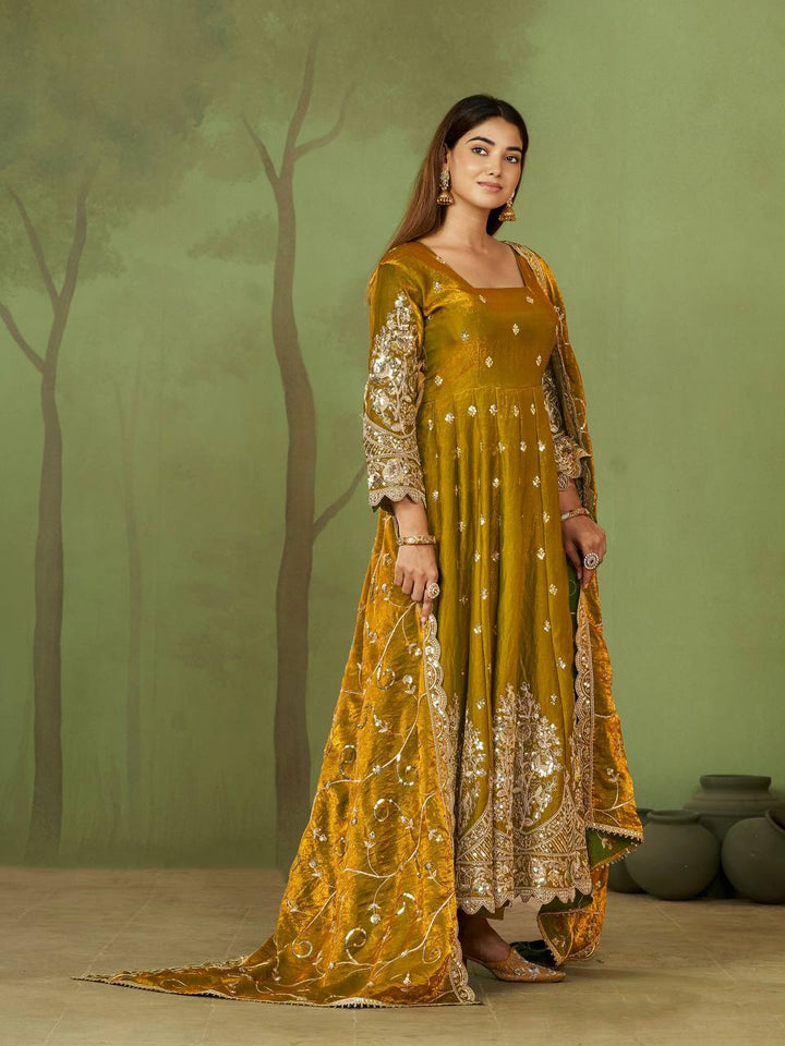 New Designers Jelly Simmer Silk Mustard Anarkali Gown