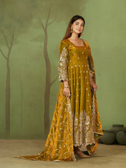 New Designers Jelly Simmer Silk Mustard Anarkali Gown