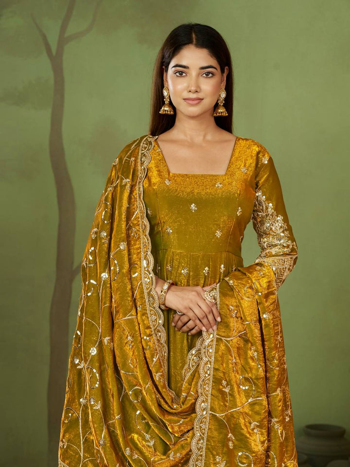 New Designers Jelly Simmer Silk Mustard Anarkali Gown