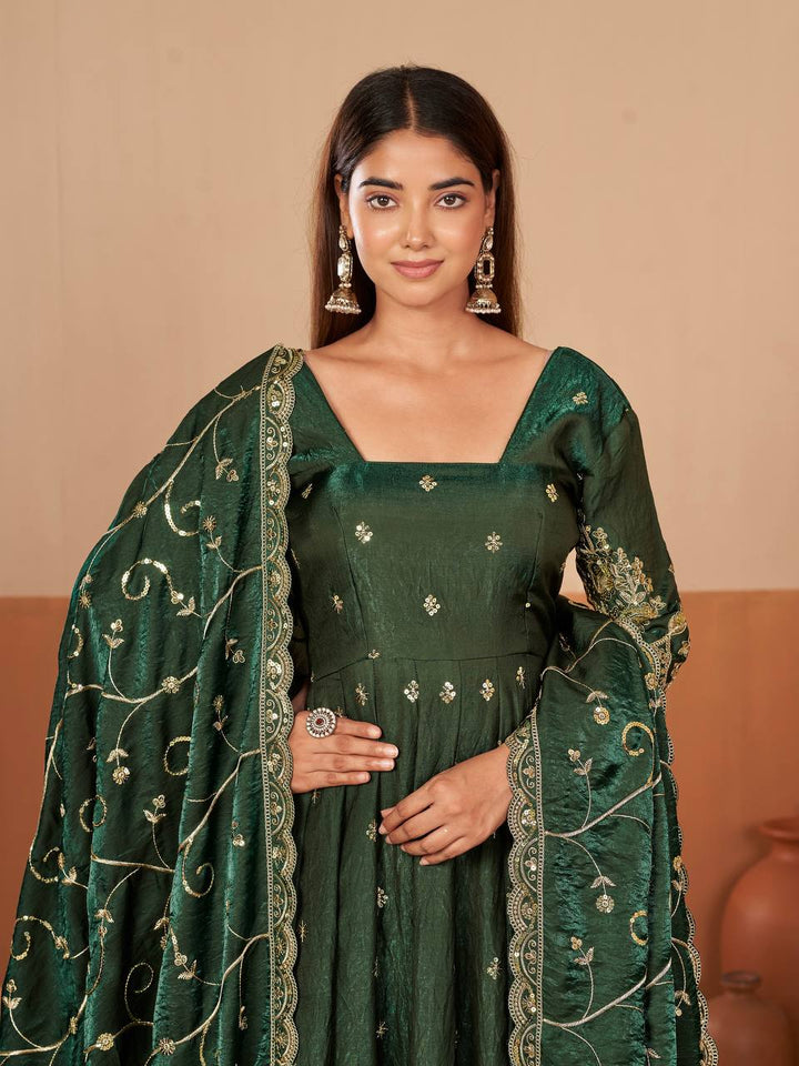 New Designers Jelly Simmer Silk Dark Green Anarkali Gown
