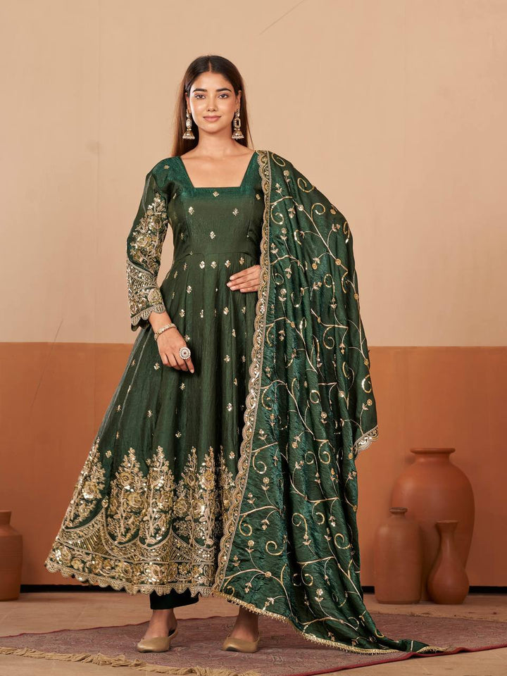 New Designers Jelly Simmer Silk Dark Green Anarkali Gown