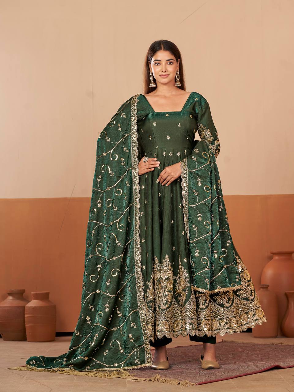 New Designers Jelly Simmer Silk Dark Green Anarkali Gown