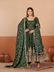 New Designers Jelly Simmer Silk Dark Green Anarkali Gown