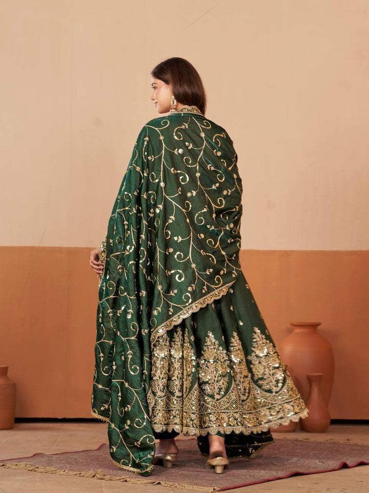New Designers Jelly Simmer Silk Dark Green Anarkali Gown