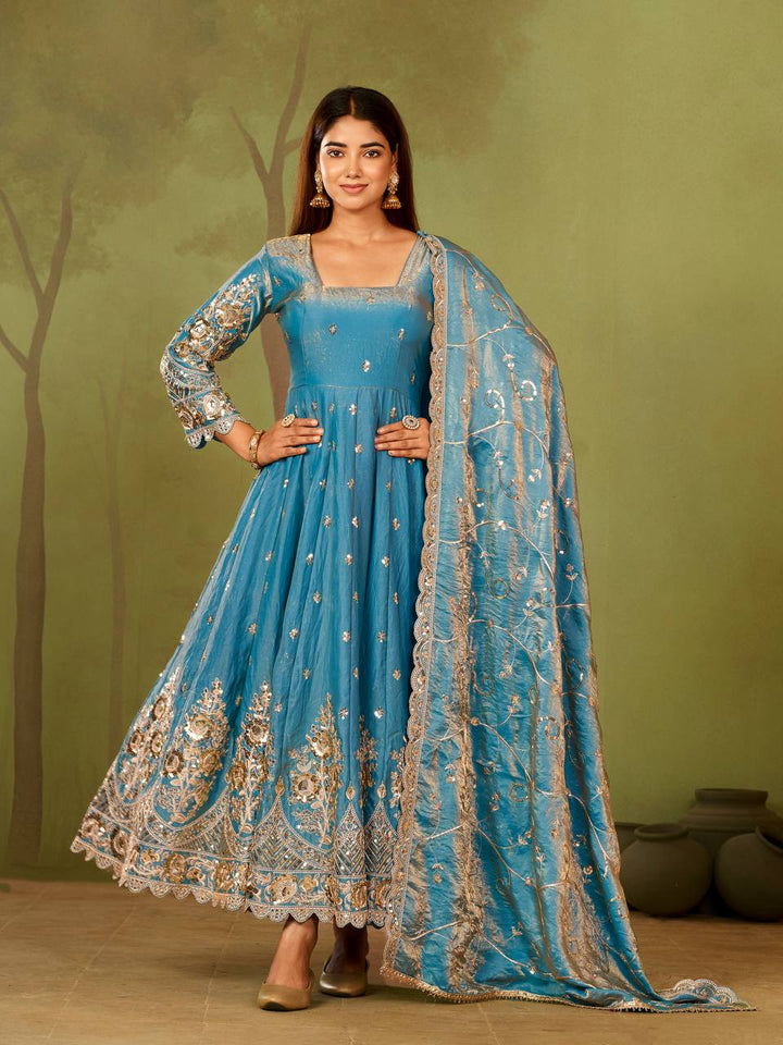 New Designers Jelly Simmer Silk blue Anarkali Gown