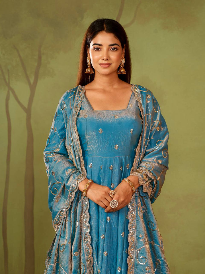 New Designers Jelly Simmer Silk blue Anarkali Gown