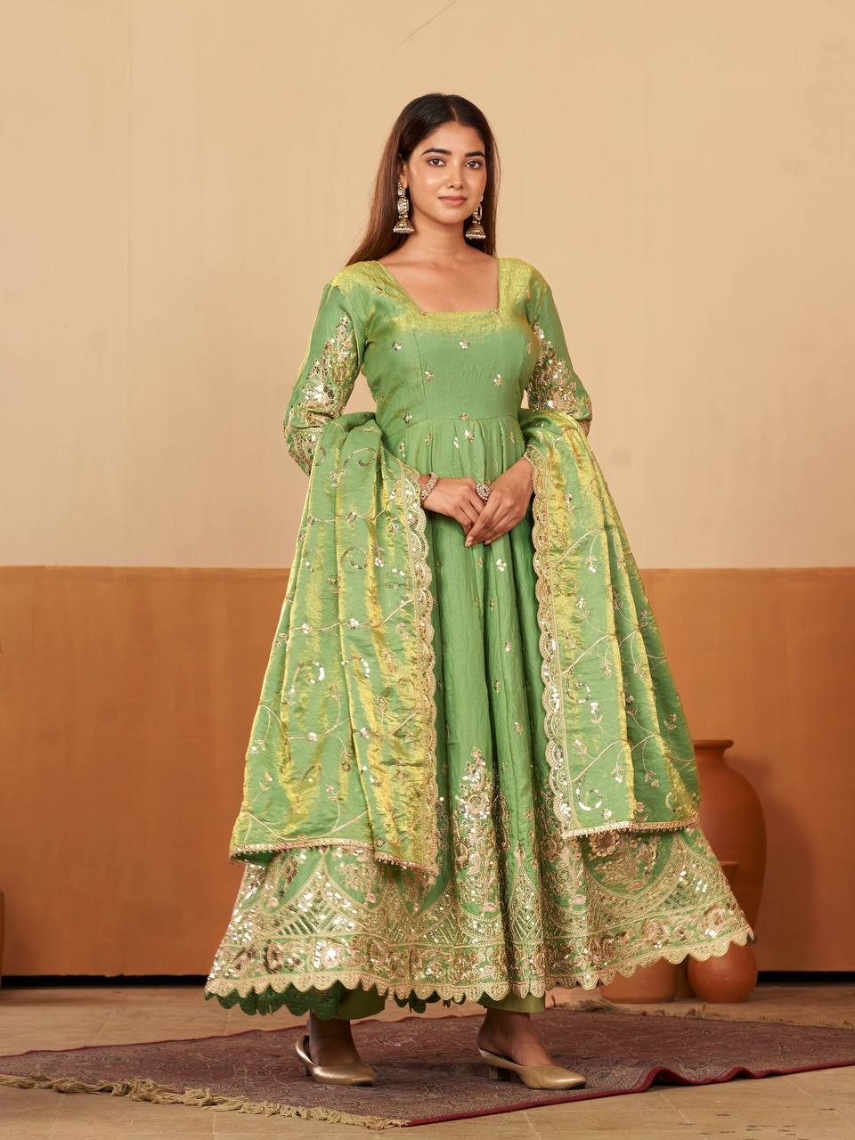 New Designers Jelly Simmer Silk pista Anarkali Gown