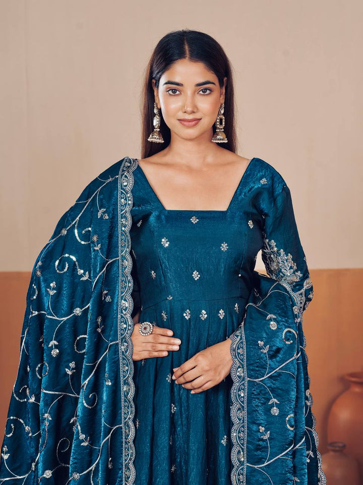 New Designers Jelly Simmer Silk teal blue Anarkali Gown