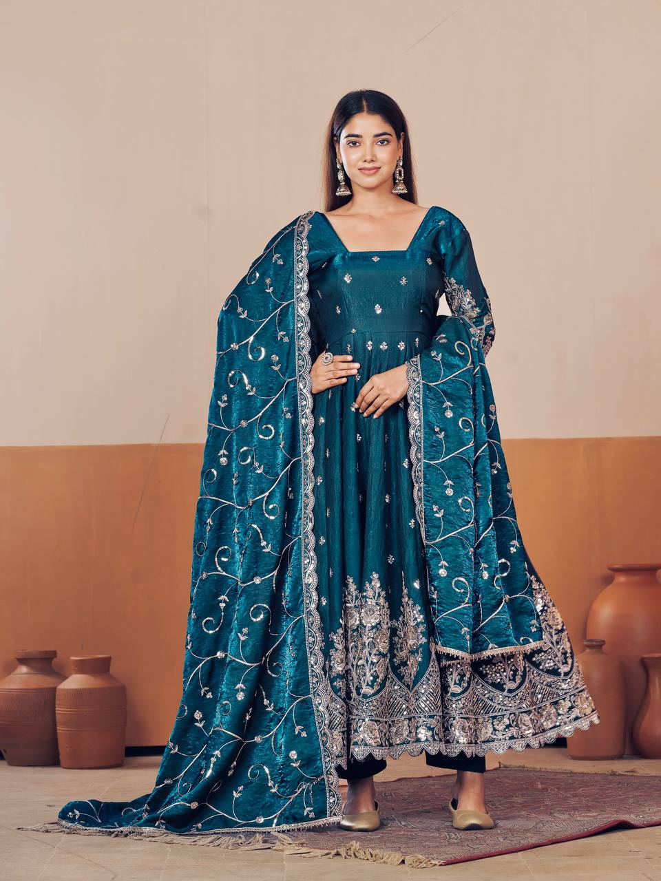 New Designers Jelly Simmer Silk teal blue Anarkali Gown