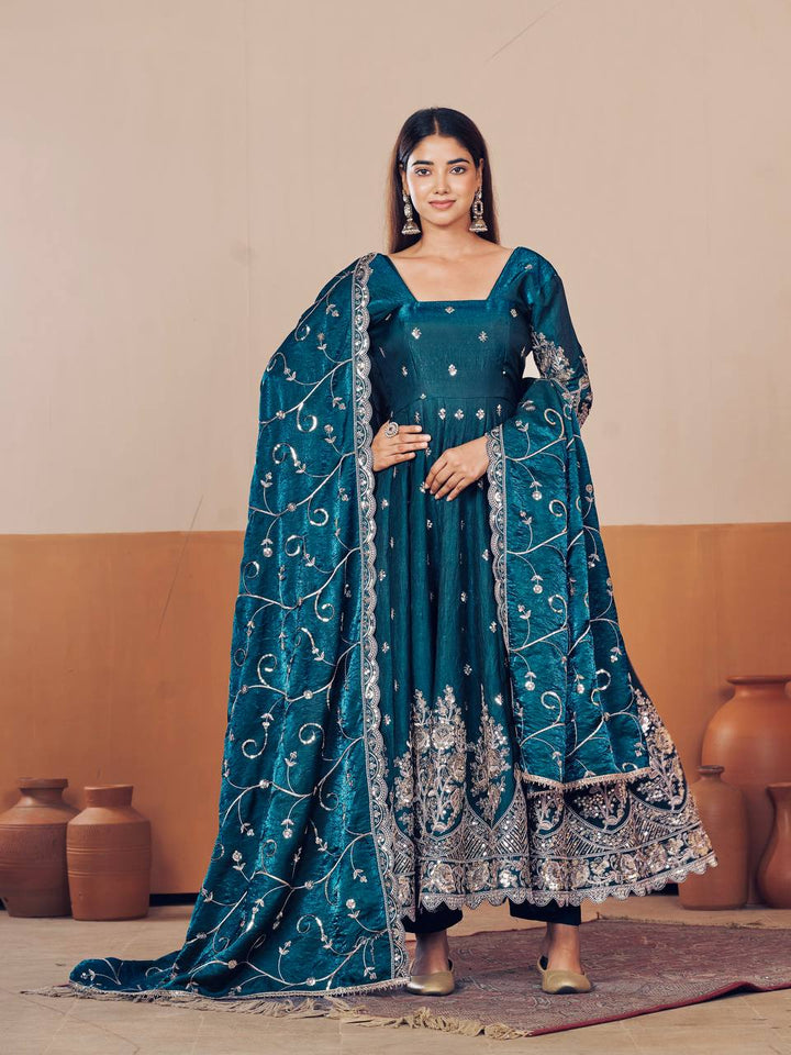 New Designers Jelly Simmer Silk teal blue Anarkali Gown